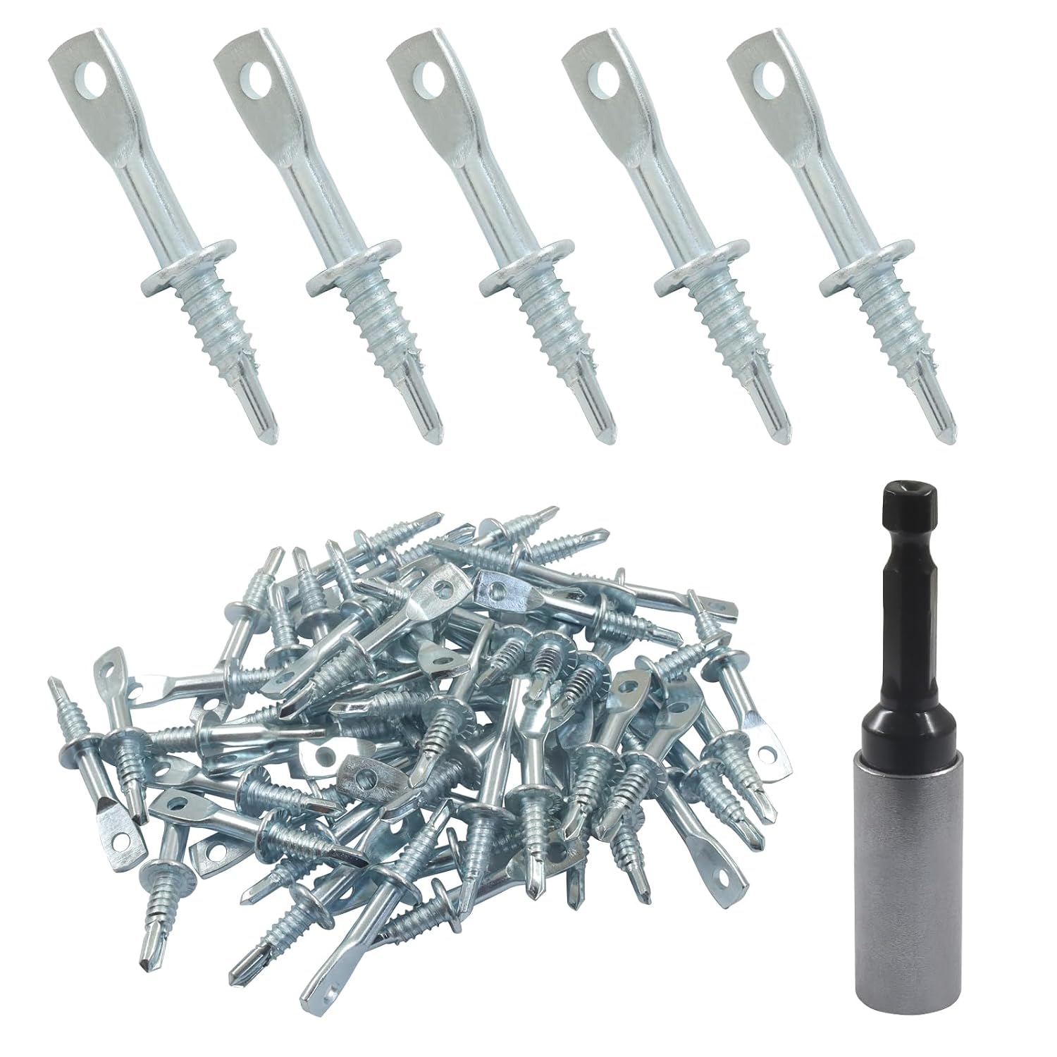 Jiozermi 100 Pcs 2 Inch Eye Lag Self Tapping Screws with 1pcs Driver, Zinc Plated Carbon Steel Heavy Duty Eye Lag Wood Screws Eye Lag Screws for Drop Ceiling, Wood, Metal, Iron, Cement