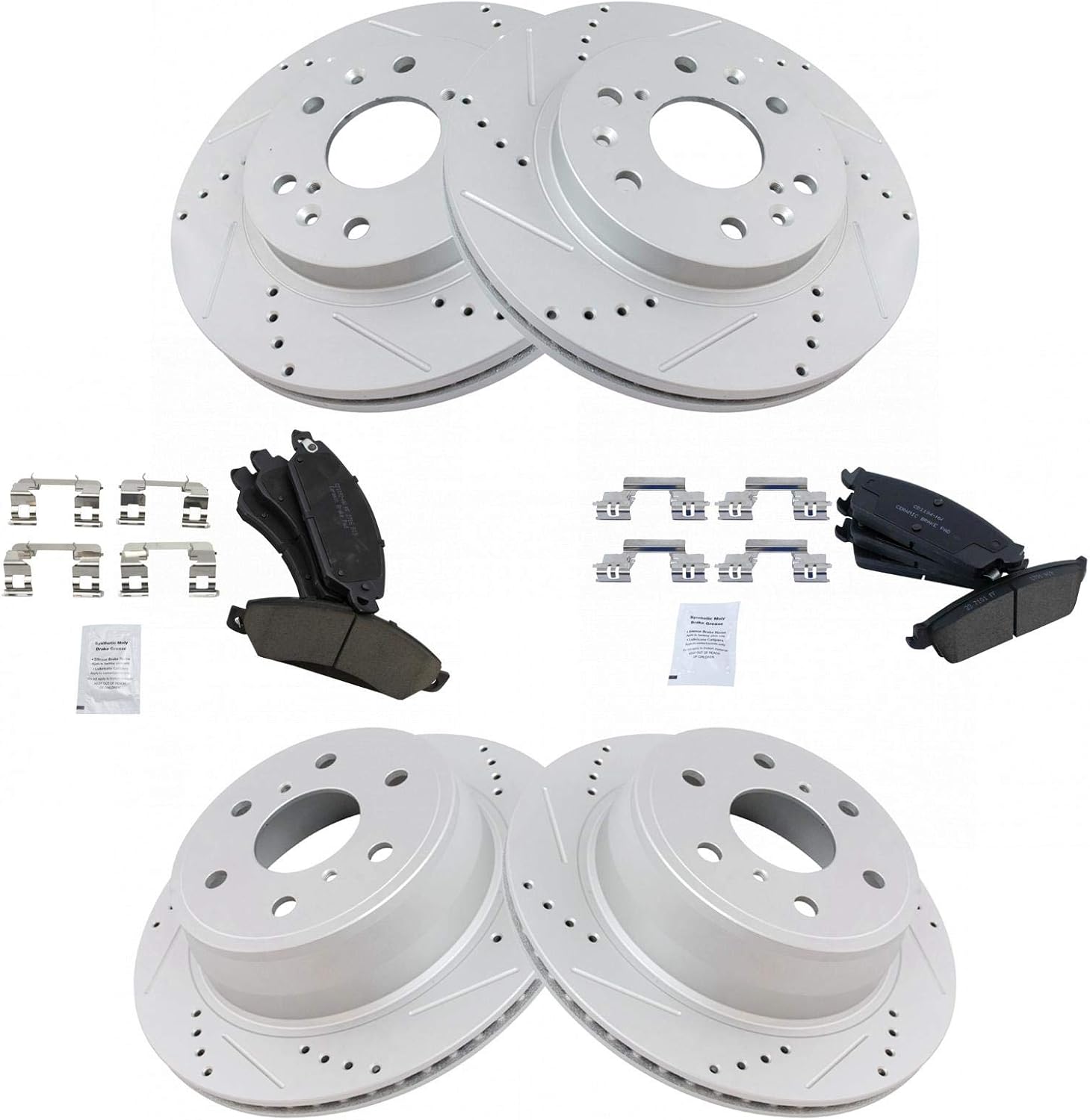 TRQ Front & Rear Brake Pad & Rotor Kit Ceramic Premium G-Coated Slotted X Drilled Compatible with 07 Avalanche Escalade Escalade ESV Escalade EXT Suburban 1500 Tahoe Yukon Yukon XL 1500