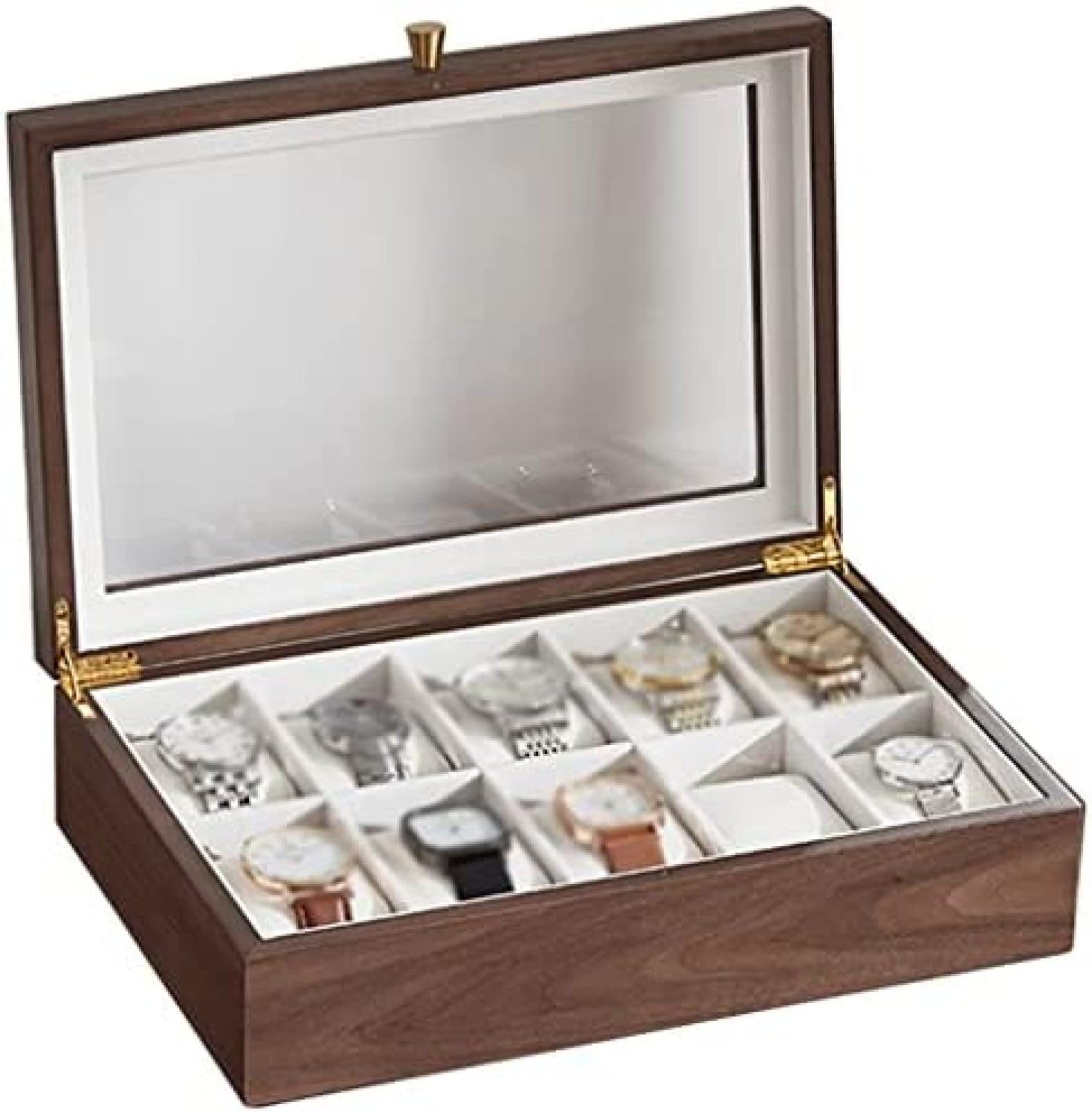 YNBSHGAA Watch Storage Cabinet with Glass Cover,Wooden Watch Storage Box,Large-Capacity Watch Box,Birthday Gift for Friends,Brown,31.5x21.8x8.6cm