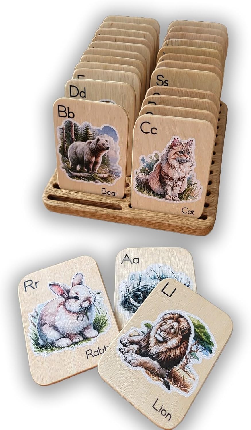 Montessori wooden alphabet flash cards with animals pictures learning letters child gift for kids preschool homeschool teachers gift (Cards in bag)