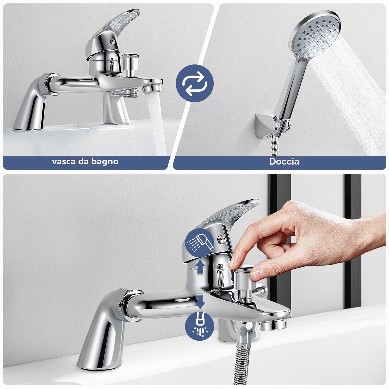 Miscelatore per vasca da bagno, 180 mm, con soffione e tubo flessibile, cromato