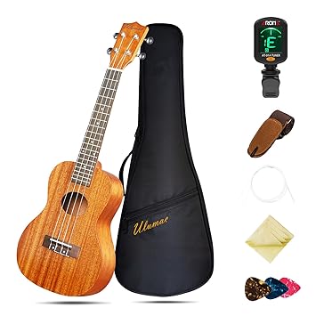 Ulumac Concert Ukulele 23 inch Professional Mahogany Solid Wooden Ukulele Kit for Beginners, Adults, Teens, Children with Gig Bag, Tuner, Strings Set, Picks, Strap All in One Starter Bundle