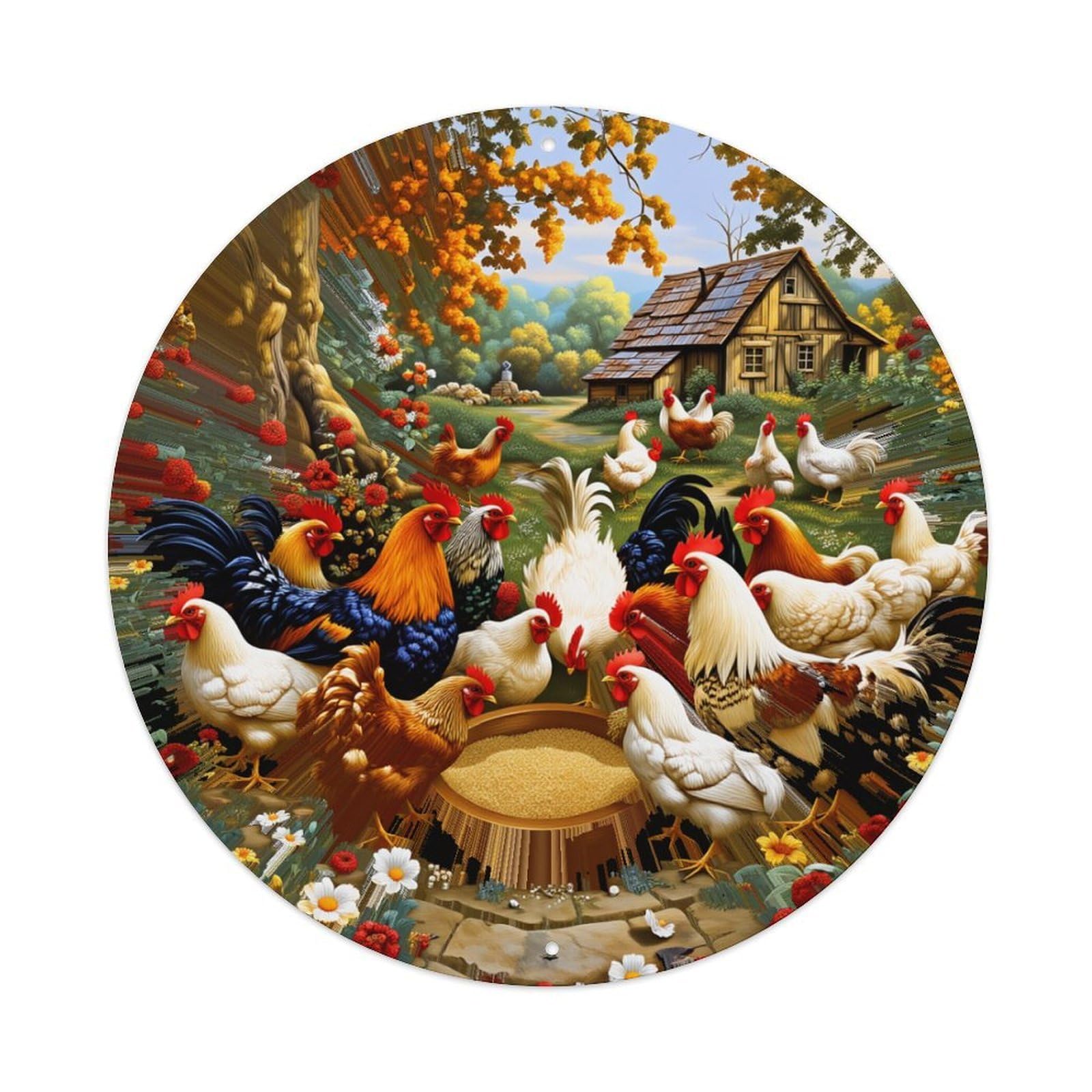 Chicken Farm Autumn Scene Garden Round Tin Sign Retro Metal Sign for Cafe Bar Pub Home Game Room Gym Club Wall Decoration Vintage Metal Poster 8x8 Inch