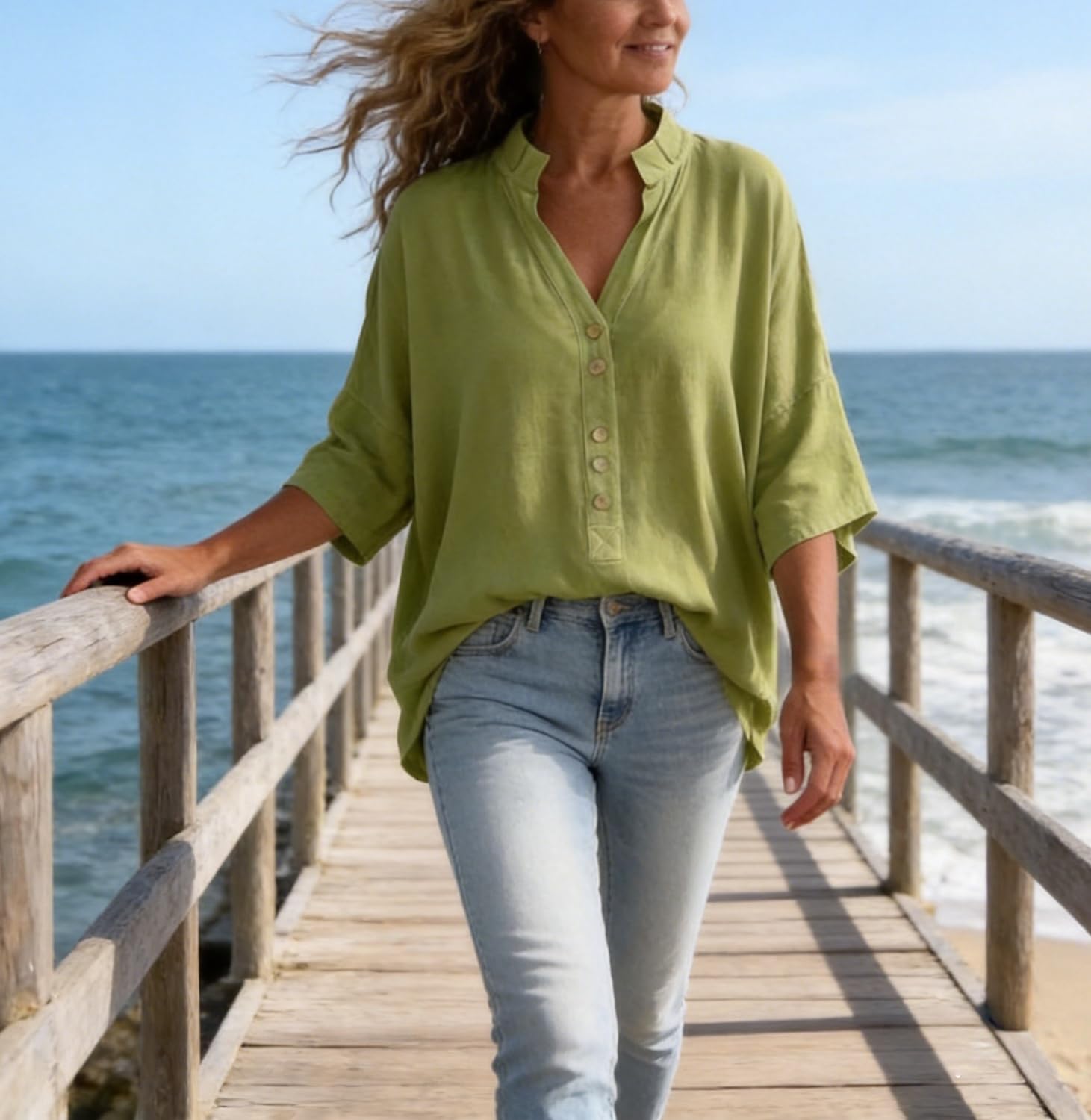 Blusa Casual de Mujer, de Manga Corta, Cuello en V, Corte Holgado, de algodón y Lino, con Botones Frontales