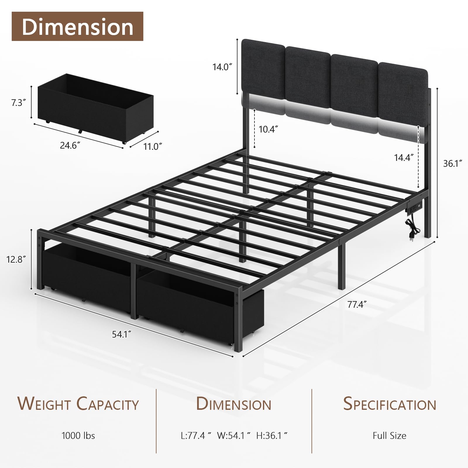Base de cama de tamaño matrimonial con cabecero, cama tapizada matrimonial con luz LED, estación de carga USB, base de cama de plataforma con 2 cajones de almacenamiento debajo de la cama, no 2