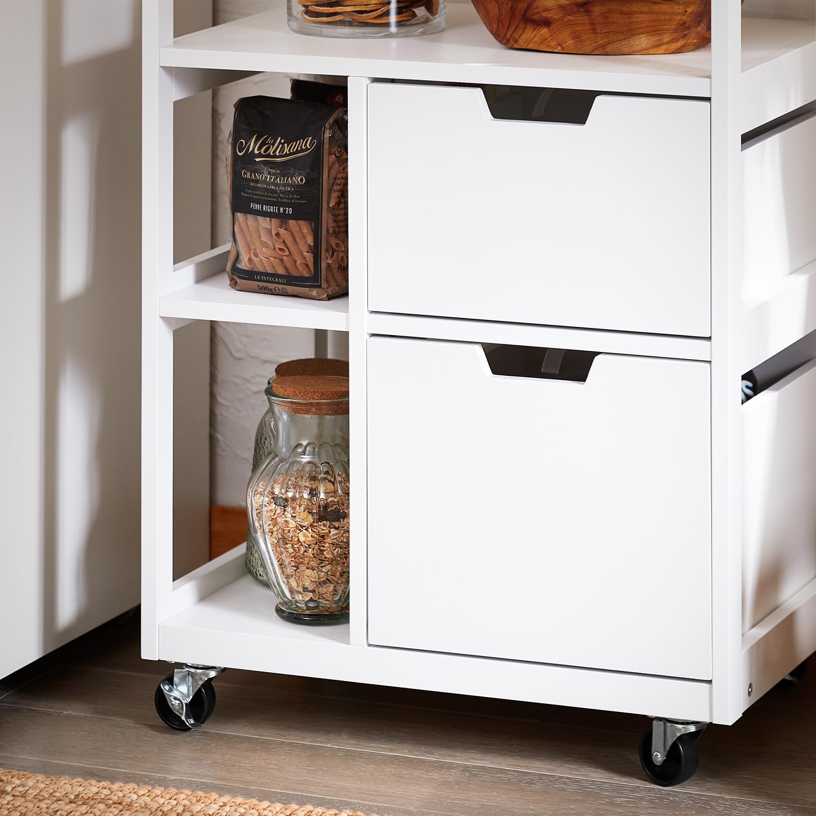 SoBuy Carrito Auxiliar con Ruedas para Espacios Pequeños, Mueble Auxiliar de Cocina con Cajones, Isla de Cocina con Ruedas, Carrito de Cocina con 3 Estantes Estilo Moderno Blanco 53x37x89 cm FKW111-WN