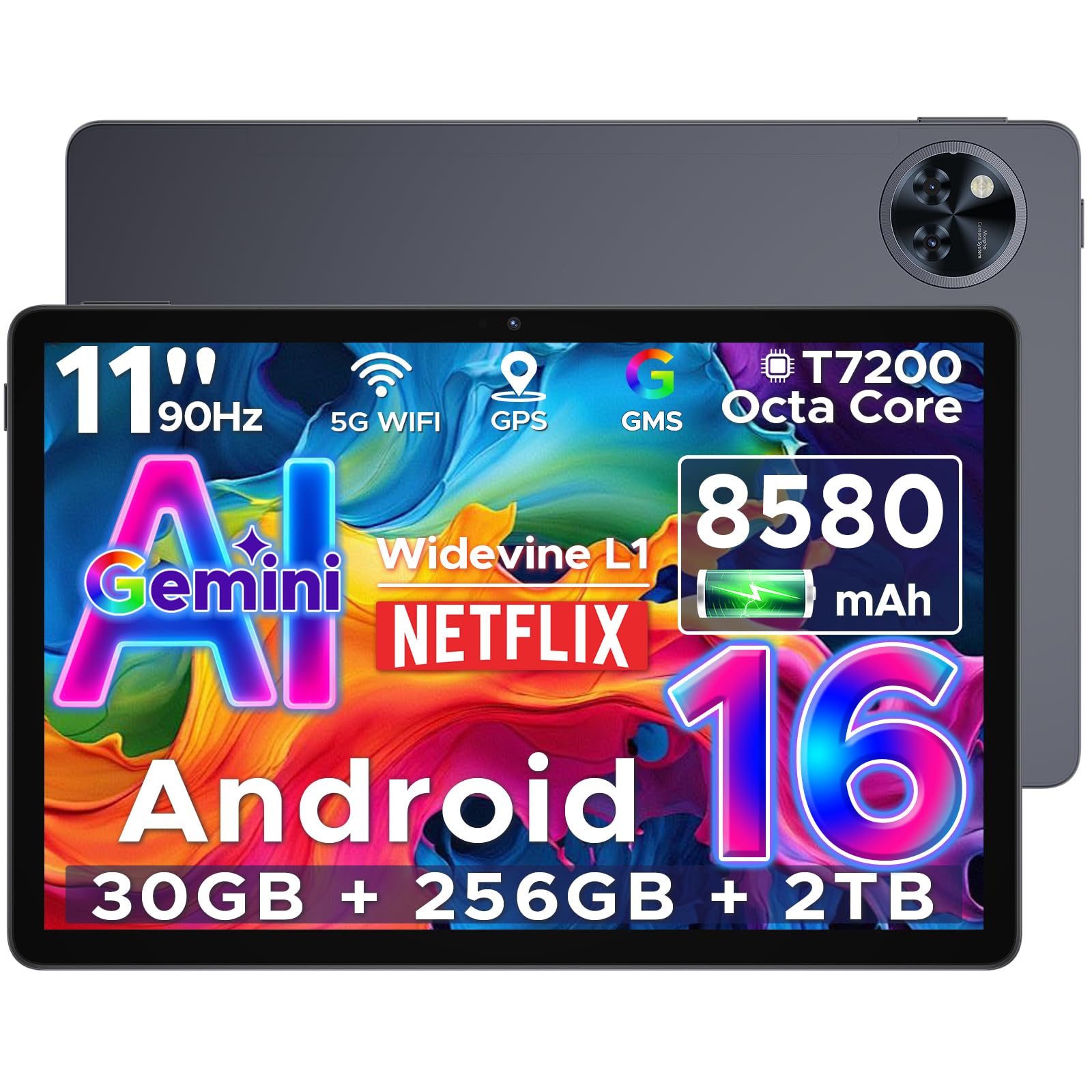 U11 Pro Android 16 Tablet 11 Pulgadas, 30GB RAM+256GB ROM+2TB TF, Unisoc T7200 Octa-Core 8580mAh Tablets, 90Hz HD Tablet Android, Gemini AI, Widevine L1, Cámara 13MP/5G WiFi/3.5mm Audio/GPS