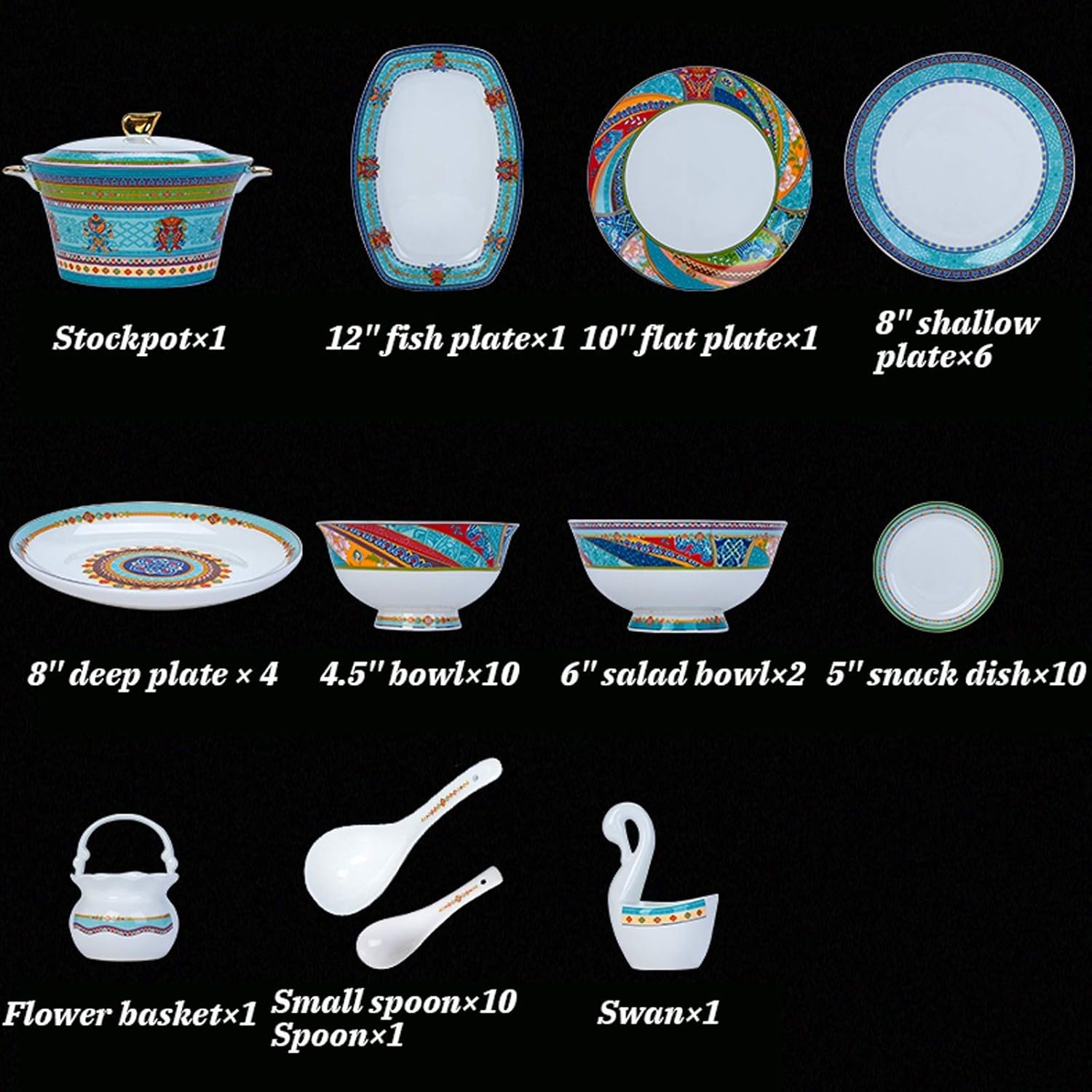 クラシックな陶器の食器、セラミックの食器セット、48ピースの高級ボーンチャイナ食器セット、スープポットとシリアルボウル付きの豪華なエ