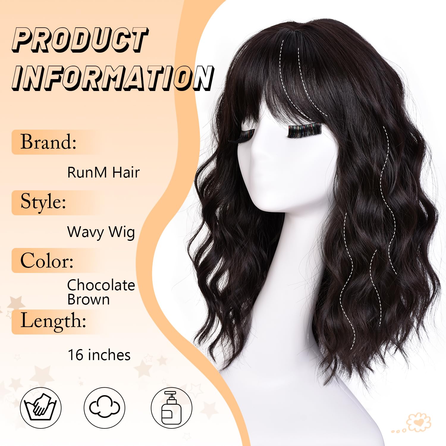 RUNM Short Bob Wavy Wigs for Women 18Inch Wig with Bangs for Black Women Shoulder Length Bob Hair Style for Halloween& Cosplay and Daily(Chocolate Brown)