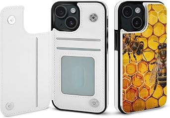Wallet Case for iPhone 15 - Bee On Honeycomb Print PU Leather Flip Shockproof Wallet Phone Cases Cover with Card Slots, Kickstand, Magnetic Clasp Closed