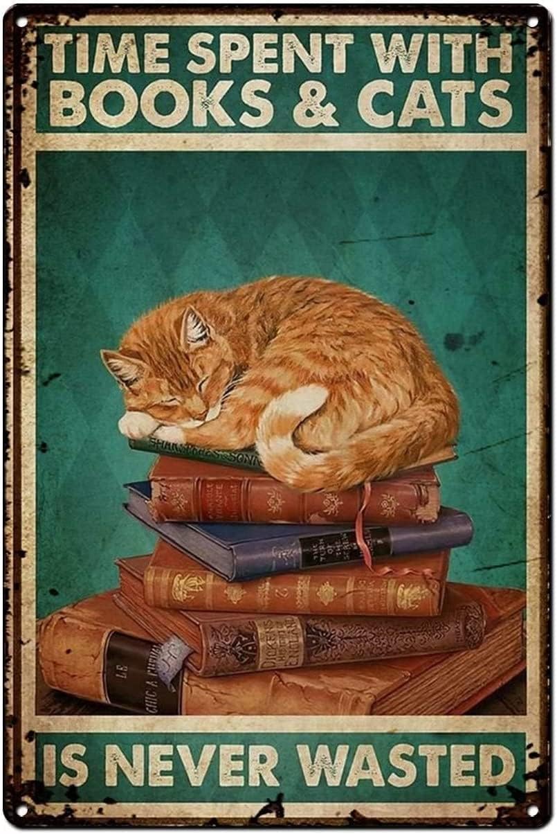 Acdoet Tin-08 Aluminum Sign Poster Black Cat Decor,Time Spent With Books & Cats Never Wasted,Cat Decor For Cat Lovers,Kitchen Signs For Home Coffee Bar Pub Cafe,Funny Vintage Wall Decor Of Bathroom 8X12 Inch