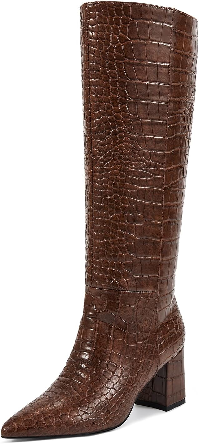 wetkiss Knee High Boots Women Chunky Heel Pointed Toe Tall Pull-On Dress Fashion Fall Long Tall Boot