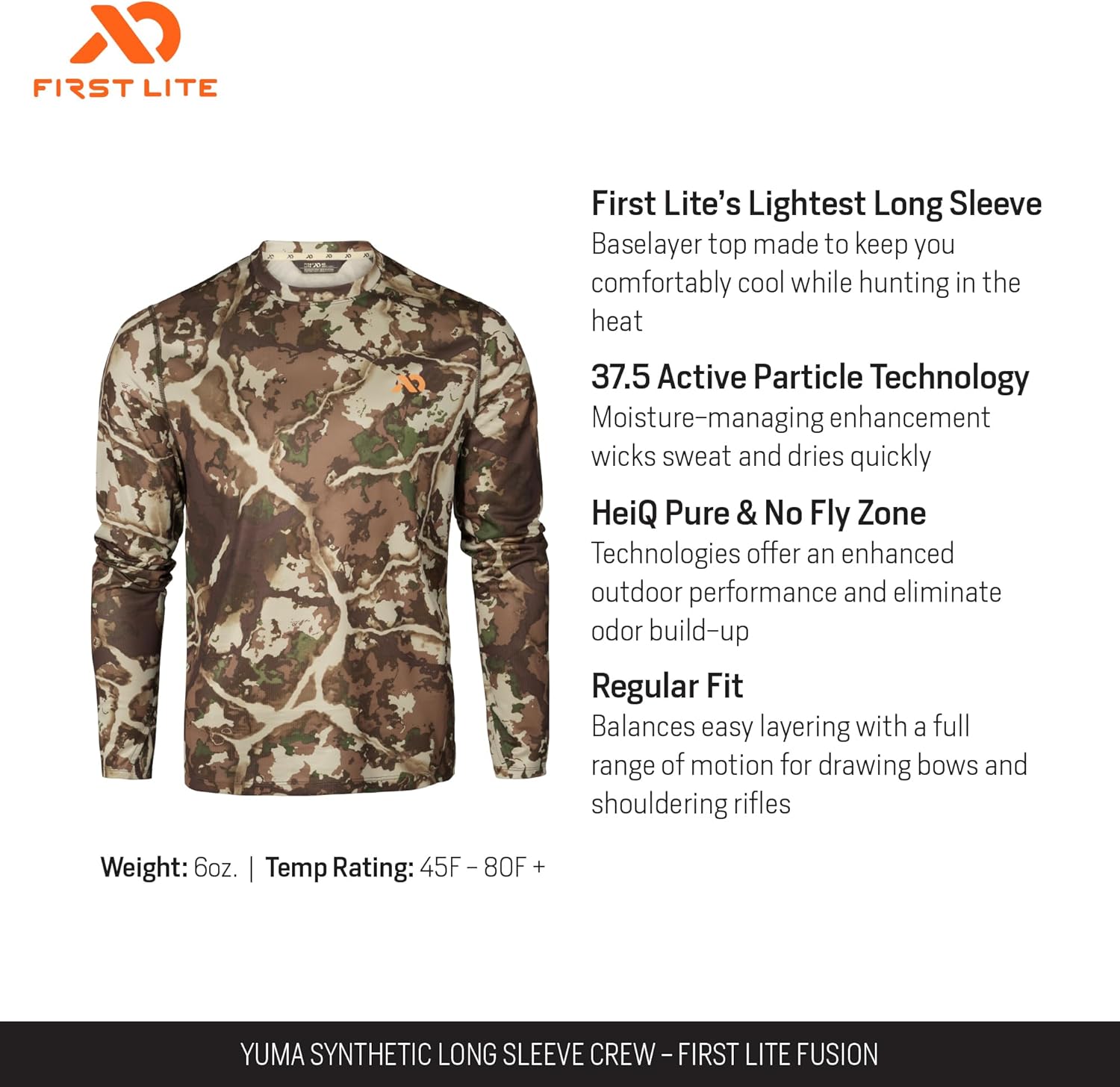 First Lite Men's Yuma Synthetic Long Sleeve Crew - Breathable Ultralight Camo Hunting Baselayer