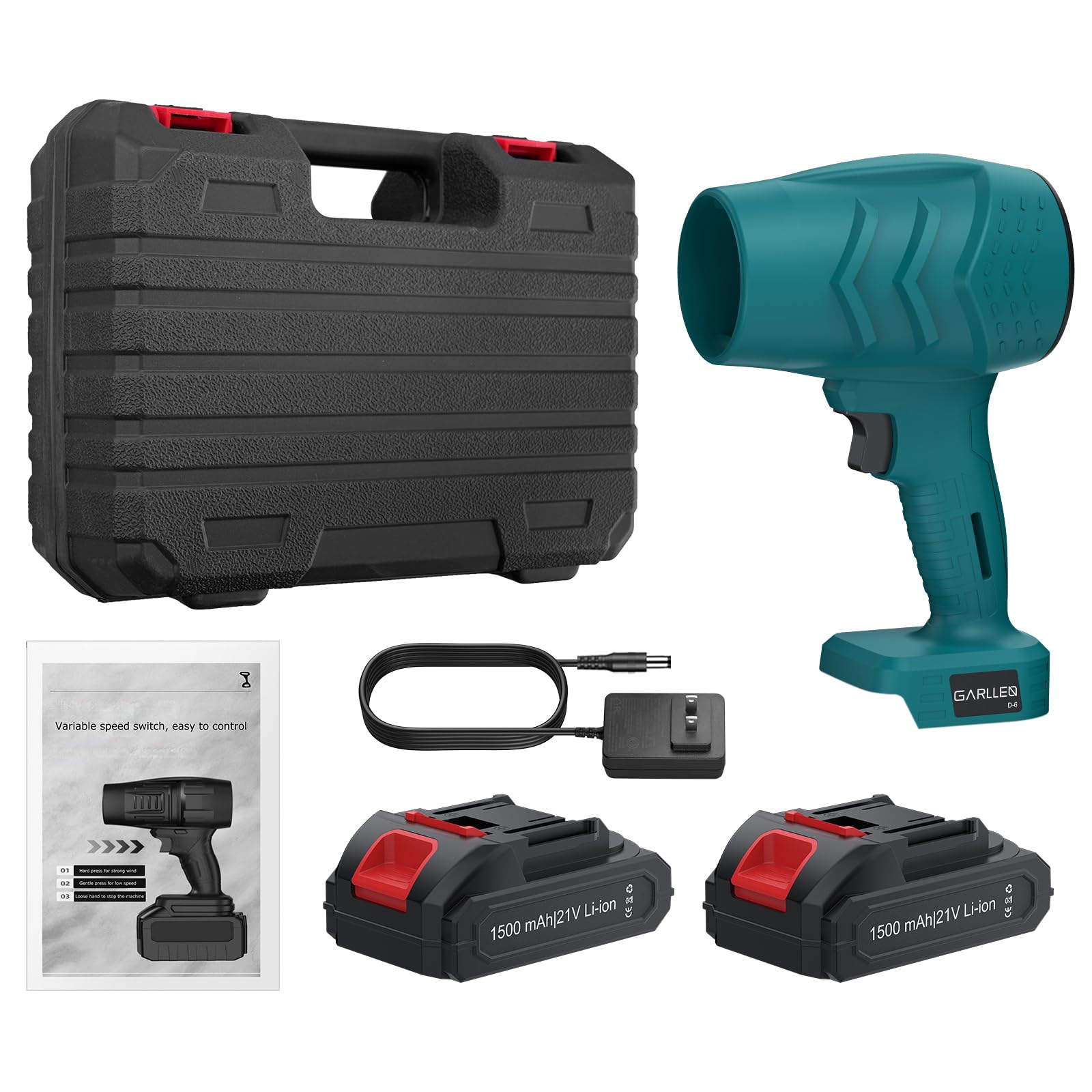 GARLLEN Soplador de Hojas Sin Cable, 21 V, Soplador de Polvo Turbo Ventilador, 35.000 RPM Turbo Ventilador con Batería y Cargador para el Cuidado del Césped, Entradas de Coches (2 Baterías)