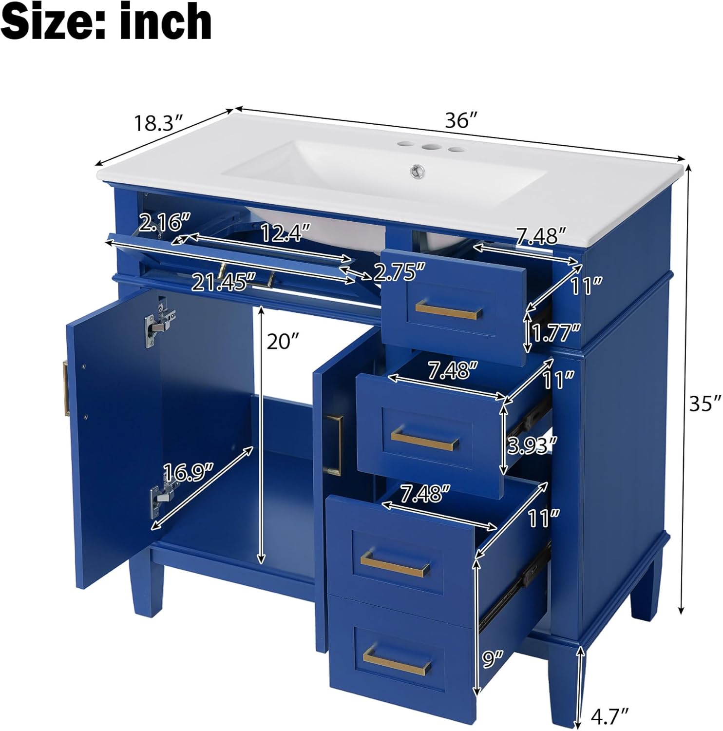 LZ LEISURE ZONE 36" Bathroom Vanity with Ceramic Sink, Modern Bathroom Cabinet, Featuring 2 Soft Close Doors and 4 Drawers, Blue