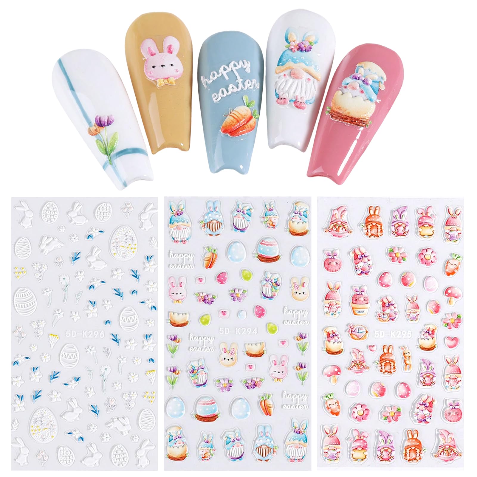Kabwea 3 Pieces 5D Embossed Easter Nail Art Stickers, Nail Stickers Easter, Nail Stickers, Nail Art, Multi-colored, XL