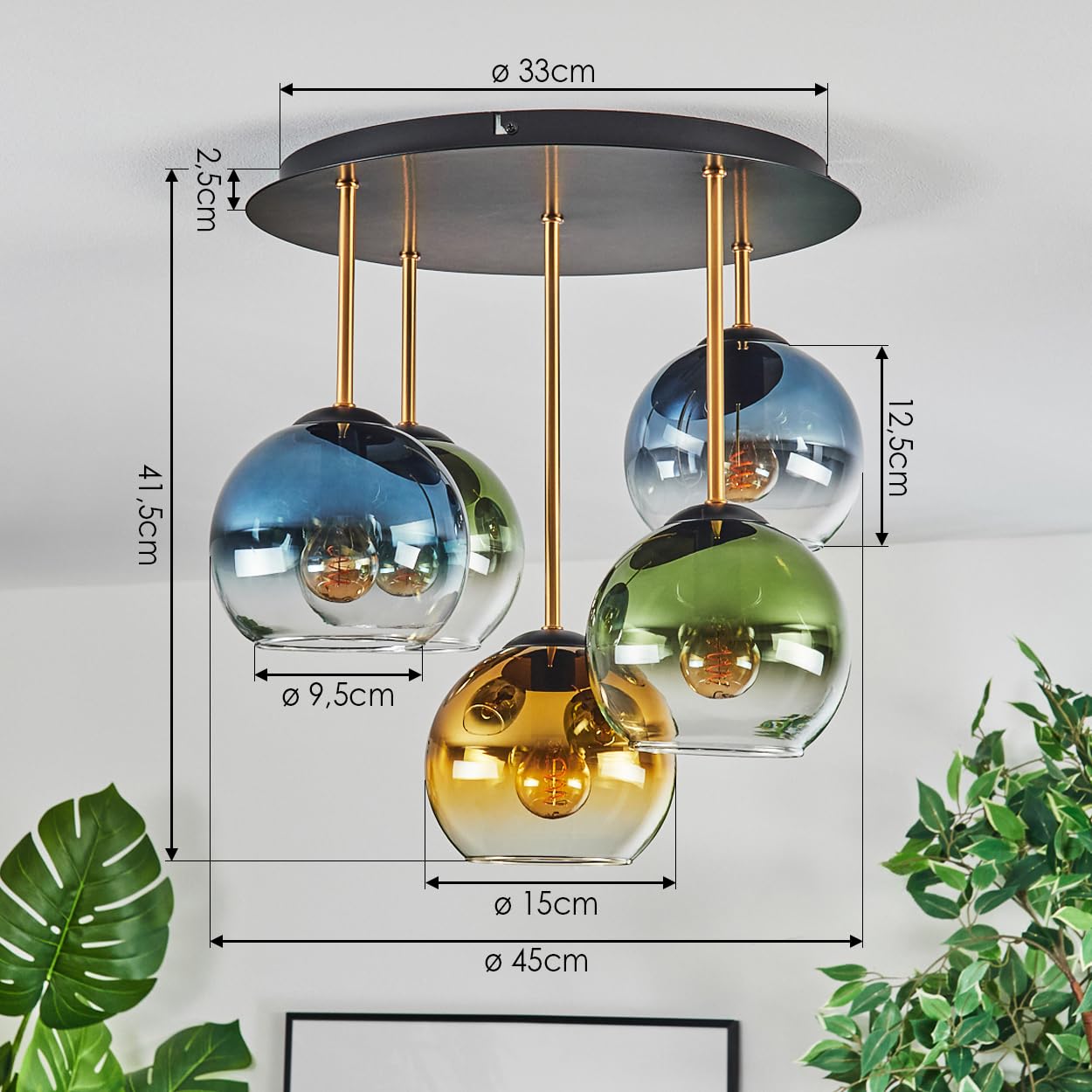 HOFSTEIN Deckenleuchte Koyoto, 5-flammige Deckenlampe aus Metall/Glas in Schwarz/Messing/Blau/Grün/Gold/Klar, Leuchte im Vintage-Design (Schirme Ø 15 cm), E14, Esszimmer, Wohnzimmer, Schlafzimmer
