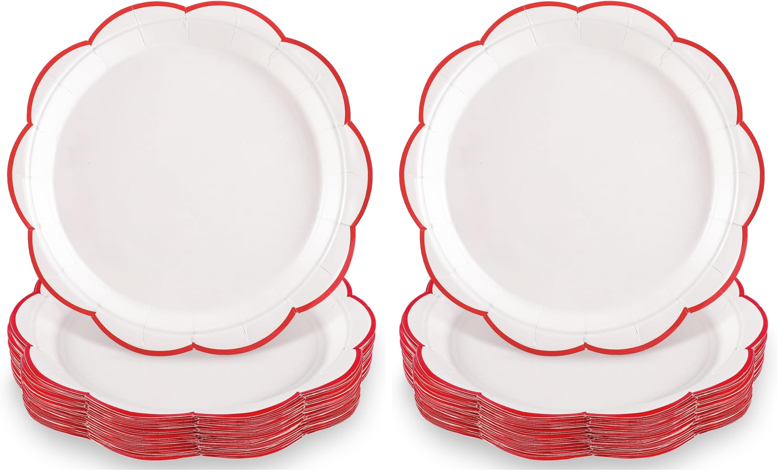 NatNarr 30 Pcs Red and White Paper Plates, 9 Inch White Plates with Red Trim Scalloped Galentines Paper Plate Disposable for Valentines, Baby Shower, Wedding, Bridal Shower (Pack of 2)