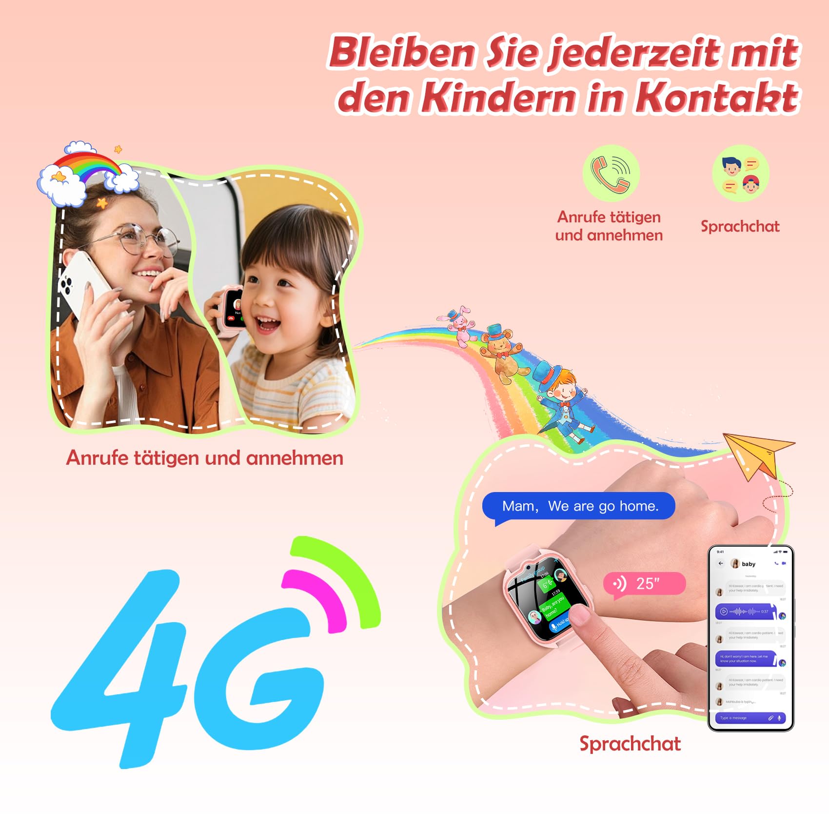 4G Smartwatch Kinder - Kinder Telefonuhr mit SIM-Kartenslot, Telefonanruf, Sprachchat, GPS, SOS Notruf, Taschenlampe, Schulmodus, Schrittzähler, Kinderuhr für Mädchen Geschenke 4-12 Jahren