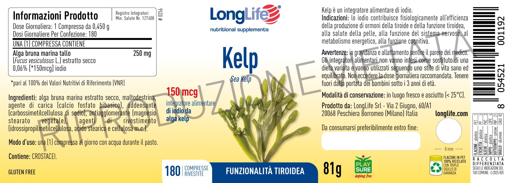 LongLife® Kelp | Integratore di iodio da alga bruna Fucus vesiculosus titolata allo 0,1% | Benessere tiroideo | Metabolismo energetico | 180 compresse | Senza glutine e doping free