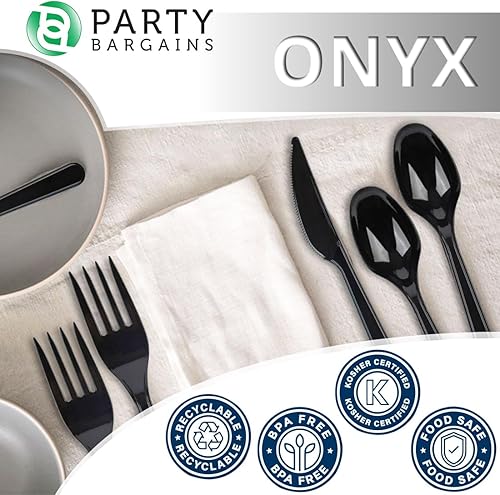 Miniatura 3 de Party Bargains Juego de cubiertos desechables, diseño de ónix, 600 piezas 300 tenedores, 200 cucharas, 100 cuchillos
