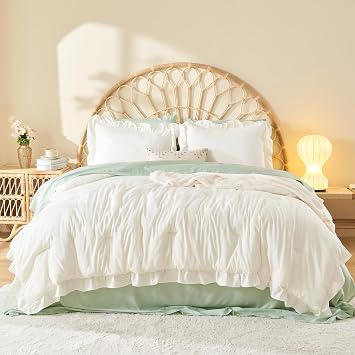 Litanika Full Comforter Set, 3 Pieces Ivory Ruffle Bedding Set | Farmhouse Shabby Chic Aesthetic Soft Fluffy Lightweight Breathable Bed Set for Girls Women Room Decor Gift All Season