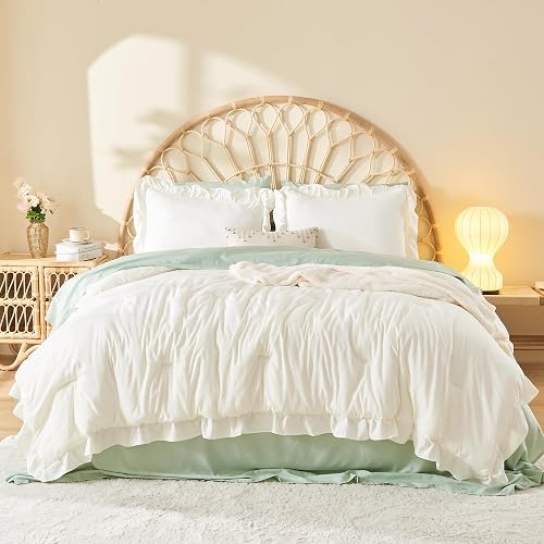 Litanika Full Comforter Set Ivory, 3 Pieces Beige Ruffle Farmhouse Aesthetic Bedding Comforter Set, Lightweight Fluffy Microfiber Bed Set (79x90In Comforter, 2 Pillowcases)