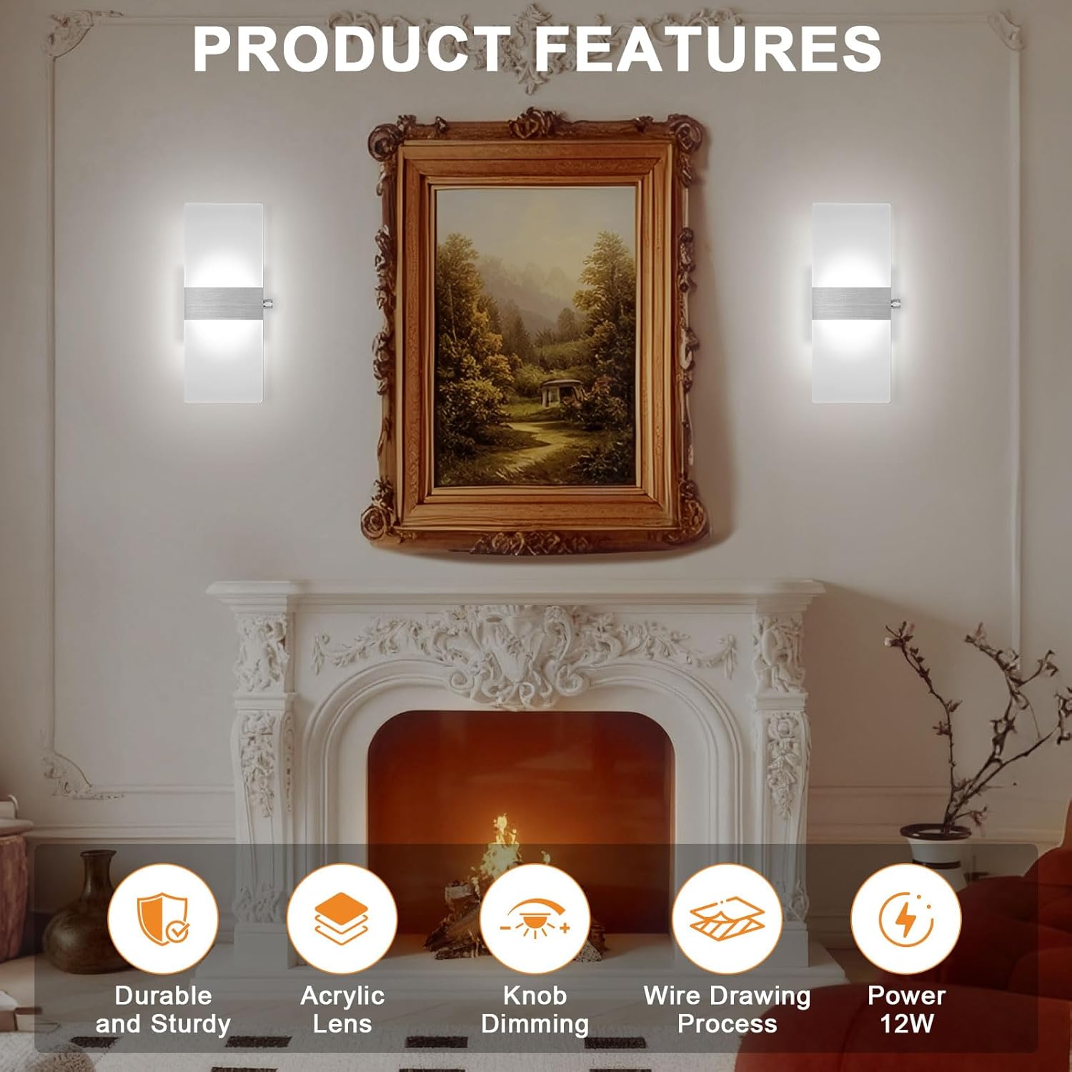 LIGHTESS Modern Wall Sconce Dimmable Switch 12W, Up Down Wall Lights Acrylic LED Wall Lamp for Hallway Bedroom Corridor, Cool White, HS621-1