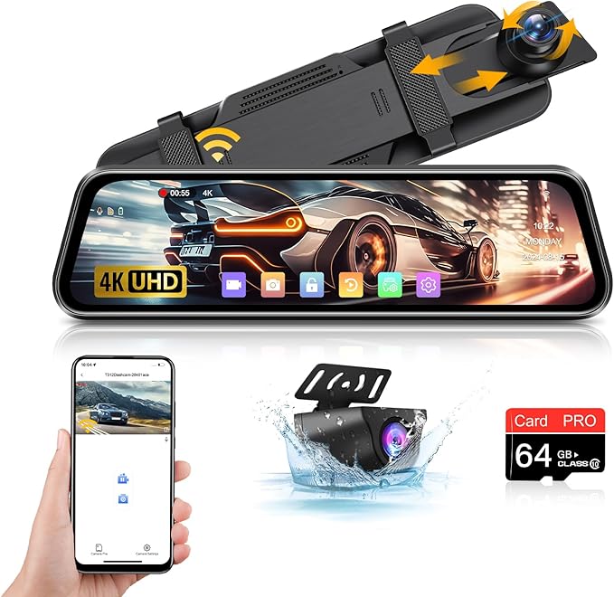 4K Dash Cam Specchietto【WiFi】10'' IPS Schermo Tattile Specchietto Retrovisore Auto con Telecamera Scheda SD 64G Dash Cam Auto Specchietto Assistenza al Parcheggio con WDR Sensore G Registrazione Loop
