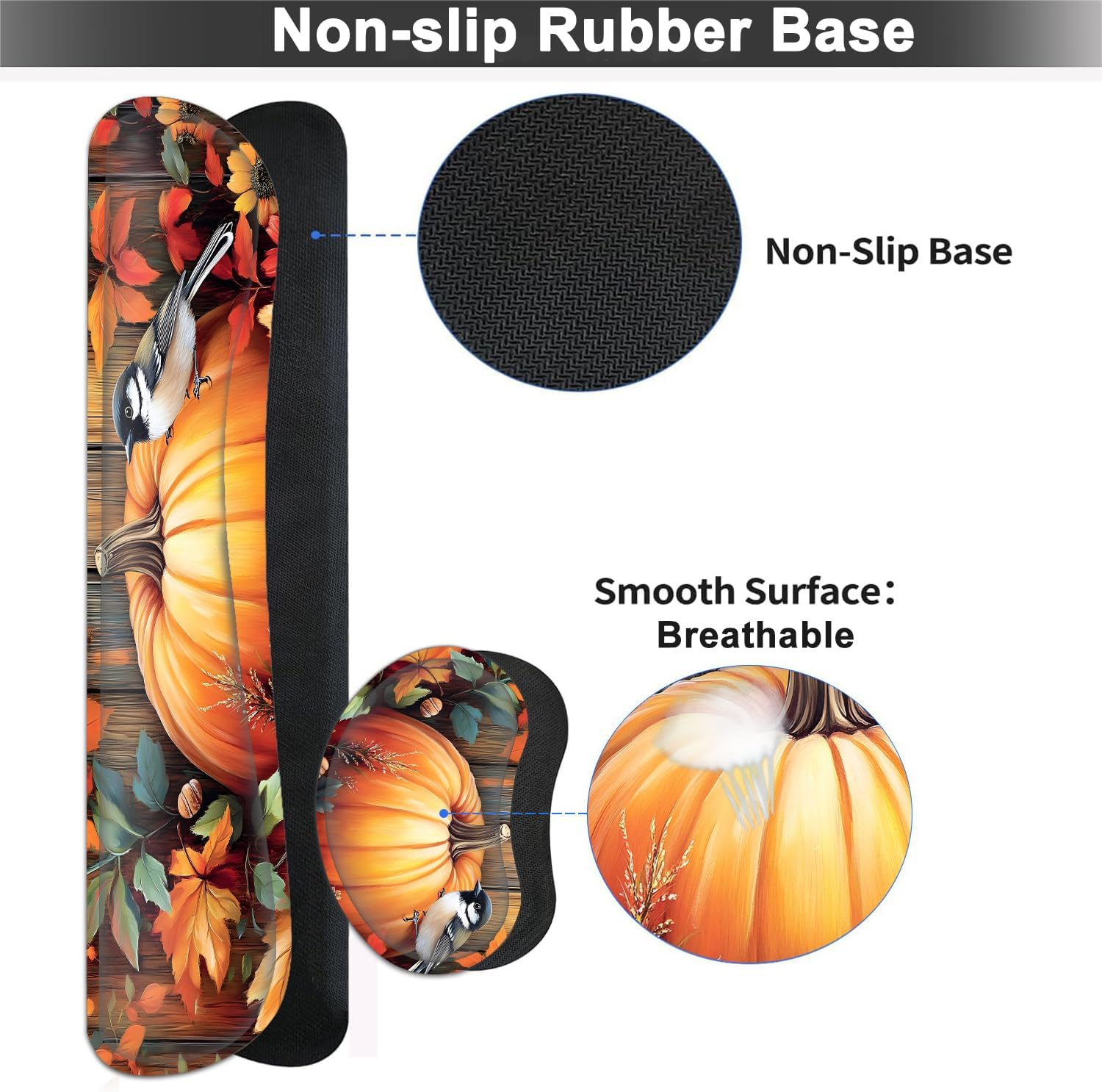 Large Mouse pad and Keyboard Support Set, Ergonomic Memory Foam Keyboard Wrist Rest, Extended Gaming Mouse Pad with Stitched Edges, Fall Pumpkins and Bird XXL Desk Mat (31.5 X 11.8 in)