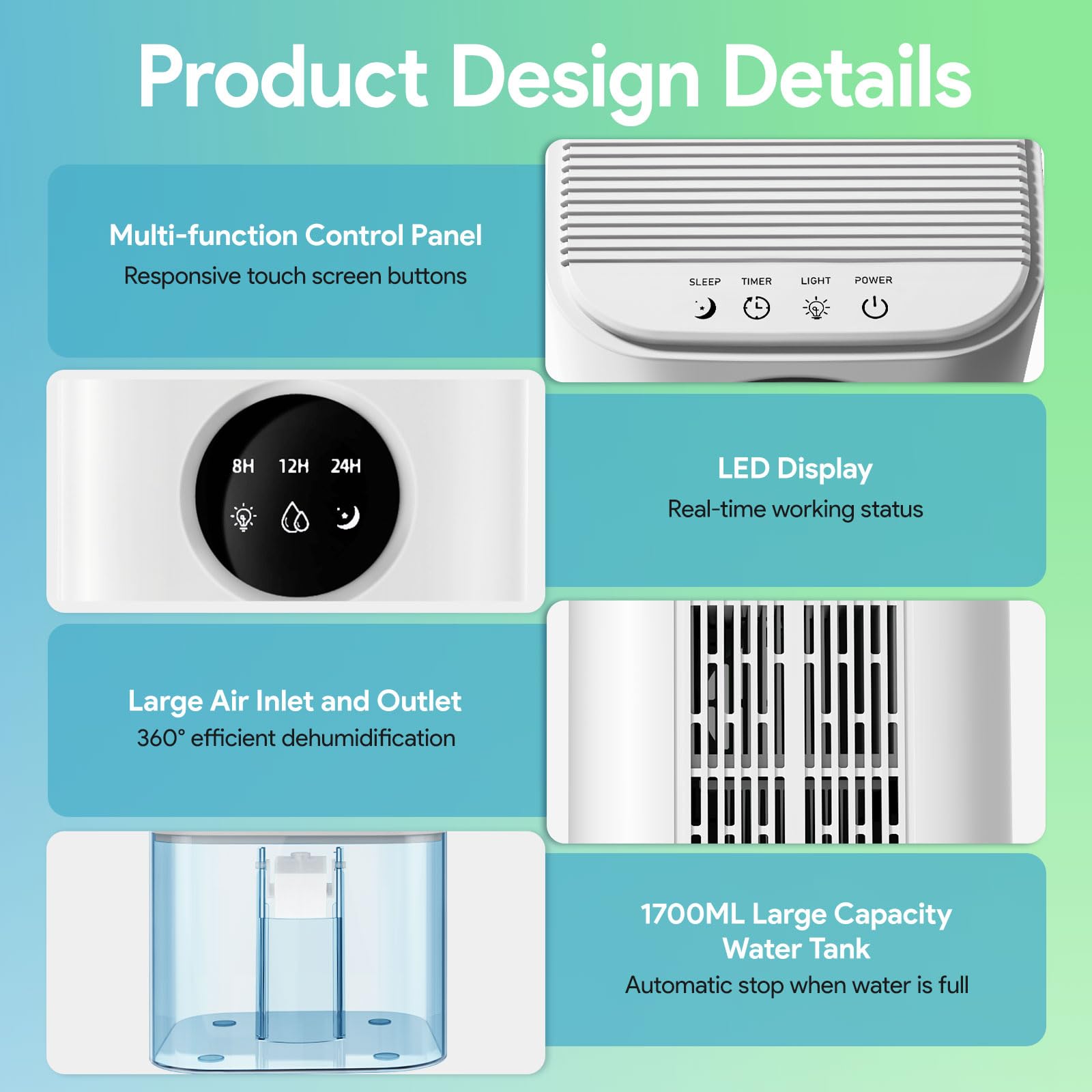 Deumidificatore Casa Anti Muffa, PKBOSS 1700ML Portatile Mini Deumidificatori Silenzioso Elettrico con Luce LED a 7 colori/Timer/Spegnimento Automatico per la Bagno/Ambiente/Cantina/Camera-Bianco