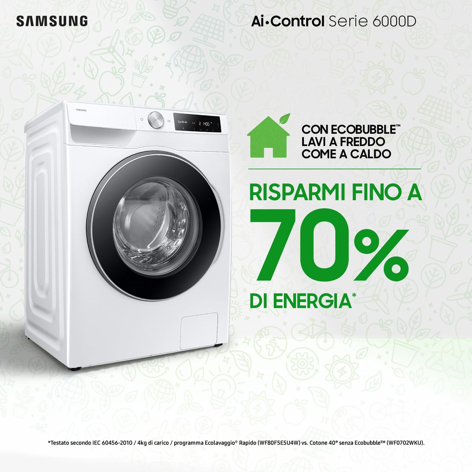 Samsung Lavatrice AI Control WW90DG6U25LE/U3 Libera installazione, 9 Kg, 1400 RPM, Wifi, Ecolavaggio Rapido 39', Vapore, Carica Frontale, 60l x 85h x 55p cm