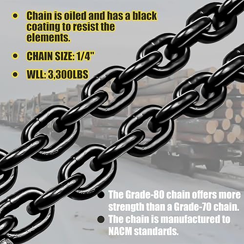 Miniatura 4 de Cadena de transporte G80 de 1/4 pulgadas x 14 pies | Cadena de remolque con ganchos de agarre de horquilla | Carga de trabajo segura de 3,300 libras