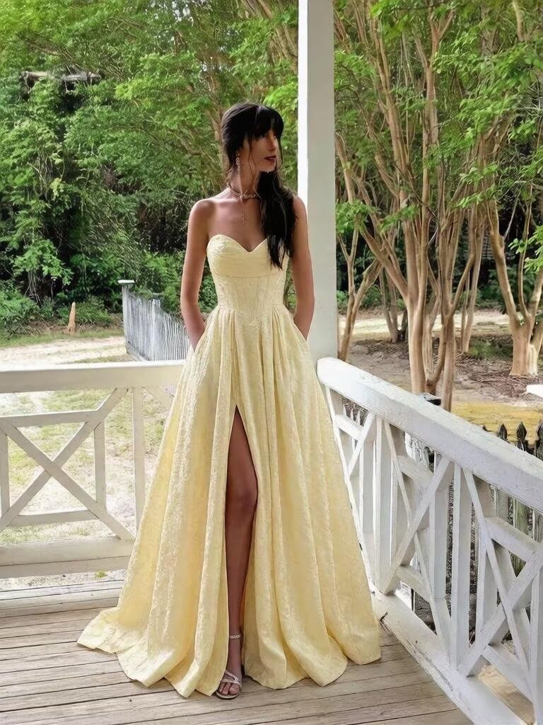 Embroidery Satin Prom Dresses Long Strapless Corset Formal Party Dress with Slit - Image 3