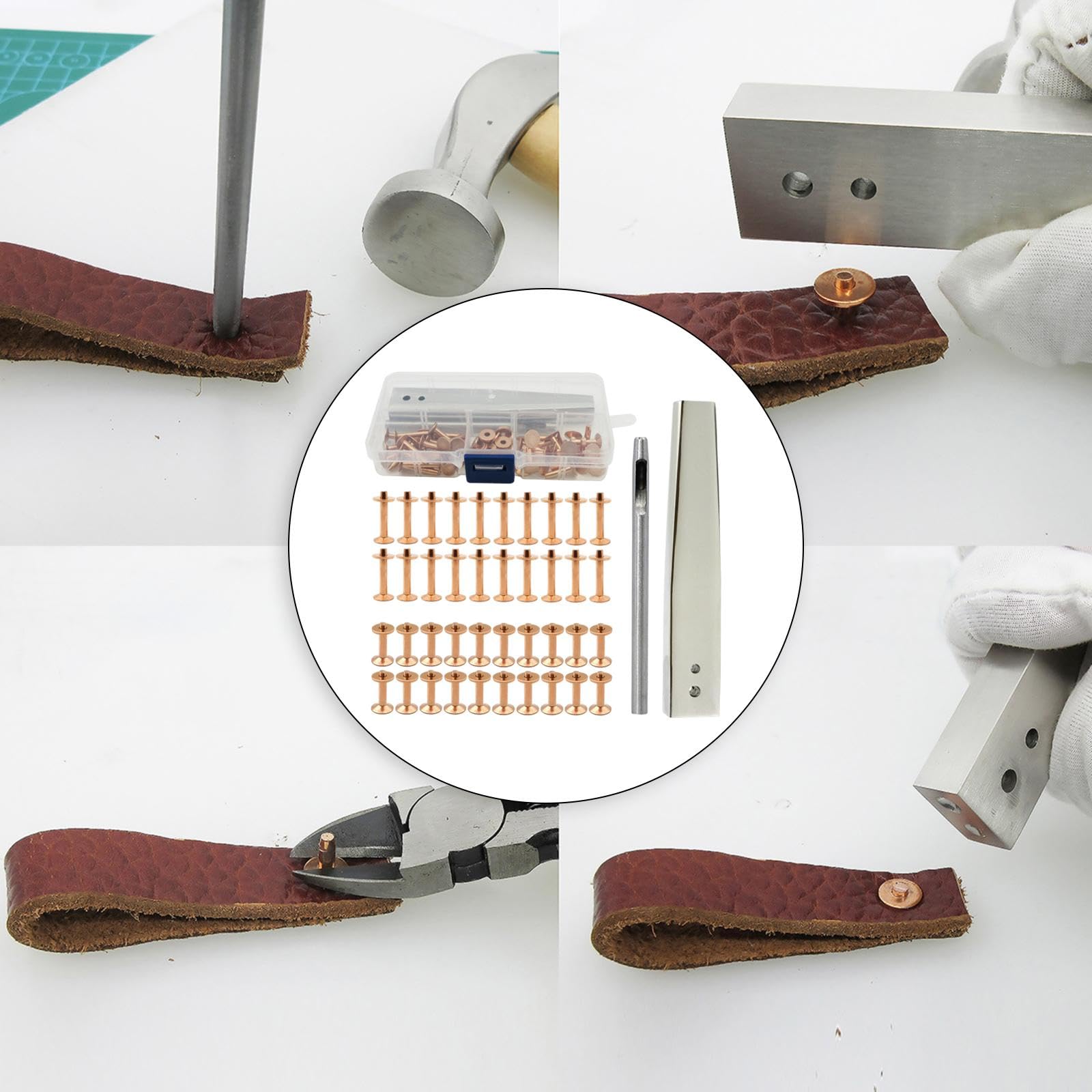 perfeclan Remache Doble Cabeza Kit de Remaches para Cuero Herramienta de Instalación Accesorios Metal Botón Reparación Cinturón Adecuado para Manualidades Ropa, C