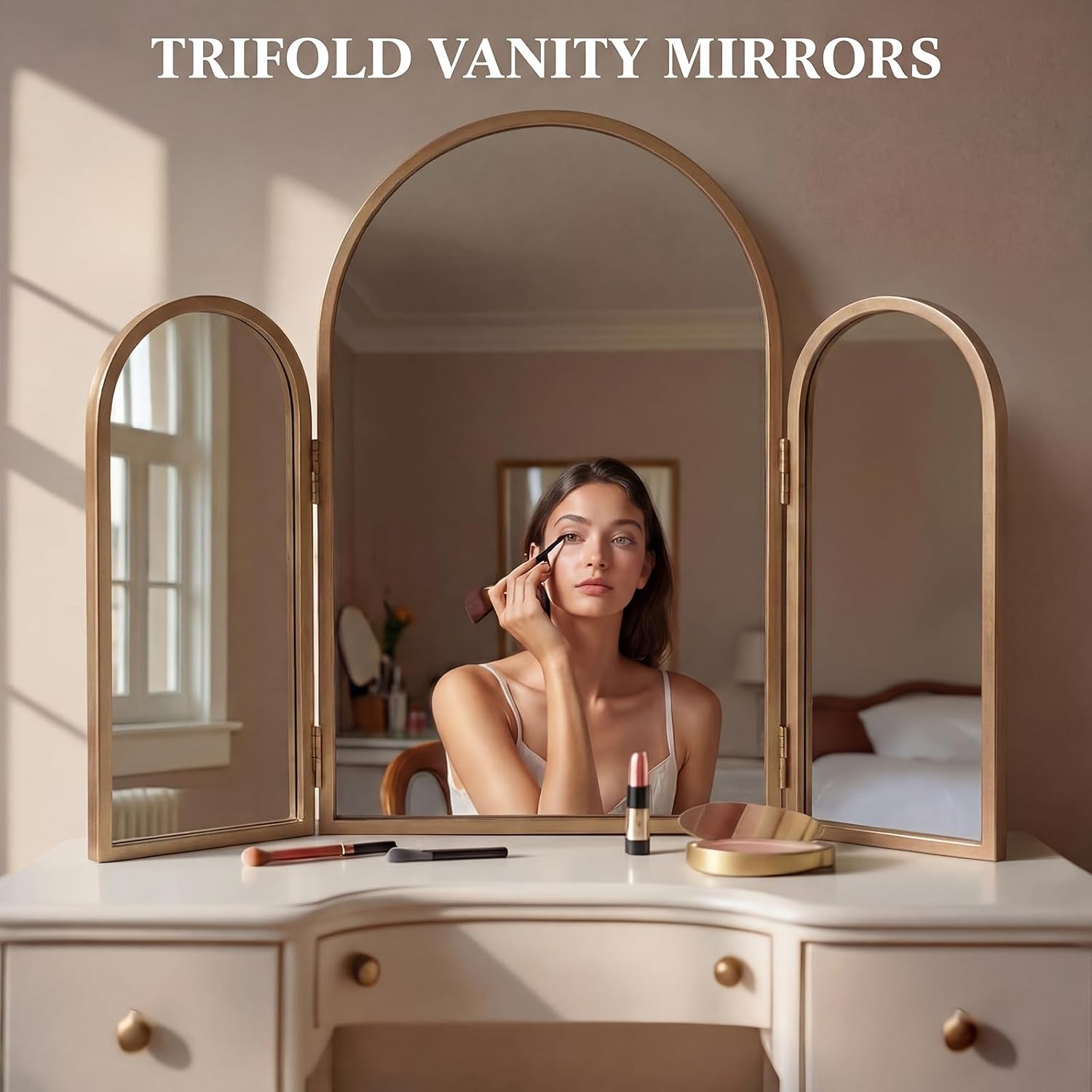 Wonderjune Trifold Vanity Mirrors 3 Way, 30 x 37 in Adjustable Arch Trifold Mirror for Bathroom Bedroom, Decorative Folding 3 Sided Mirror Wall Mounted for Braiding Hair Makeup(Vintage Gold)