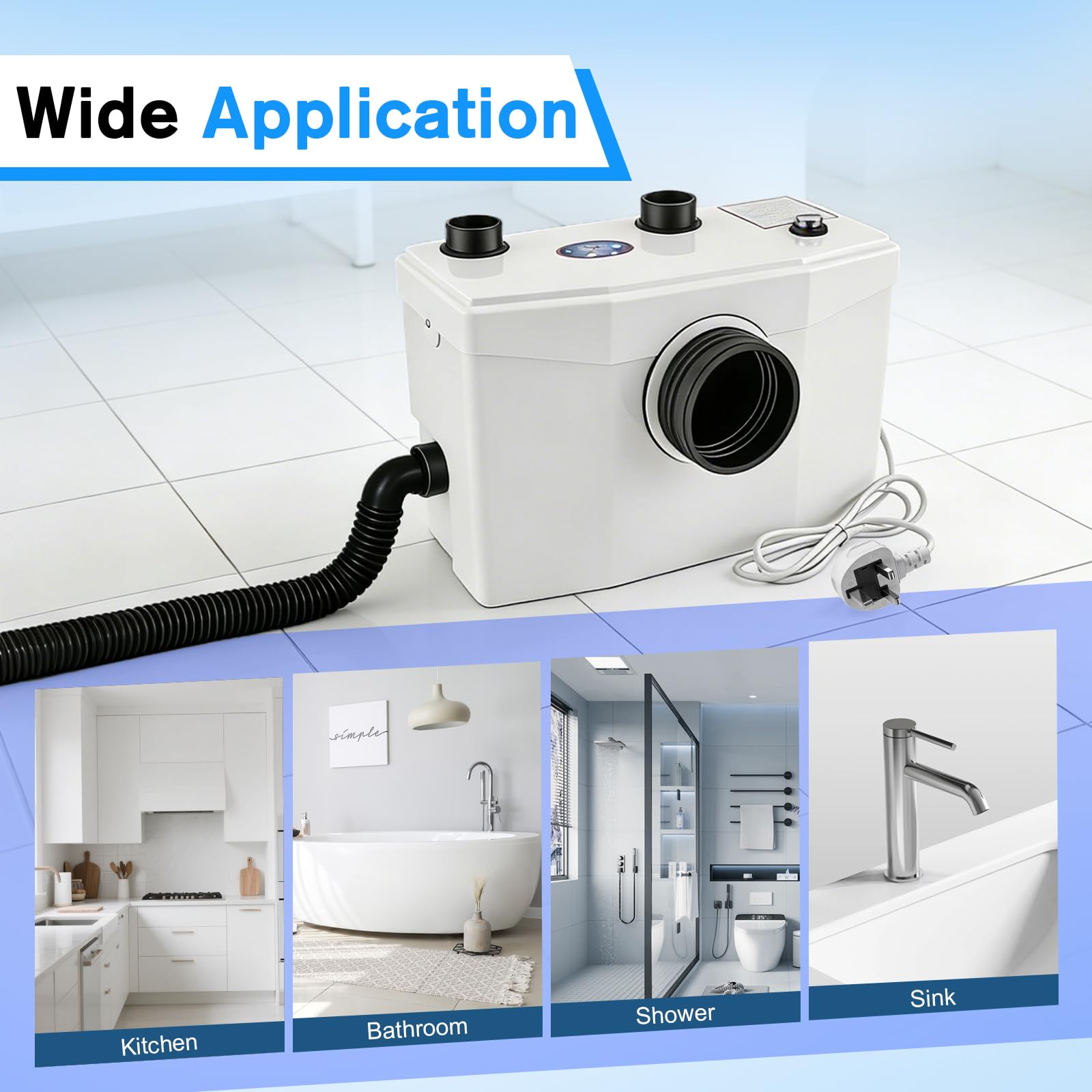 Triturador Sanitario 600W, Bomba trituradora aguas residuales silenciosa, Trituradora Sanitaria con Motor de Cobre, 240L/min, 8m de Altura, 3 Entradas para WC, Ducha, Lavabo, Lavadora y Condensación
