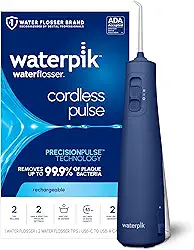 Waterpik Flosser de água portátil recarregável sem fio para dentes, gengivas, suspensórios e viagens com 2 pontas de fio dental, impermeável, aceito pela ADA, azul WF-20, embalagem pode variar