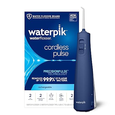 Waterpik Cordless Pulse Rechargeable Portable Water Flosser for Teeth, Gums, Braces Care and Travel with 2 Flossing Tips, Waterproof, ADA Accepted, WF-20 White, Packaging May Vary