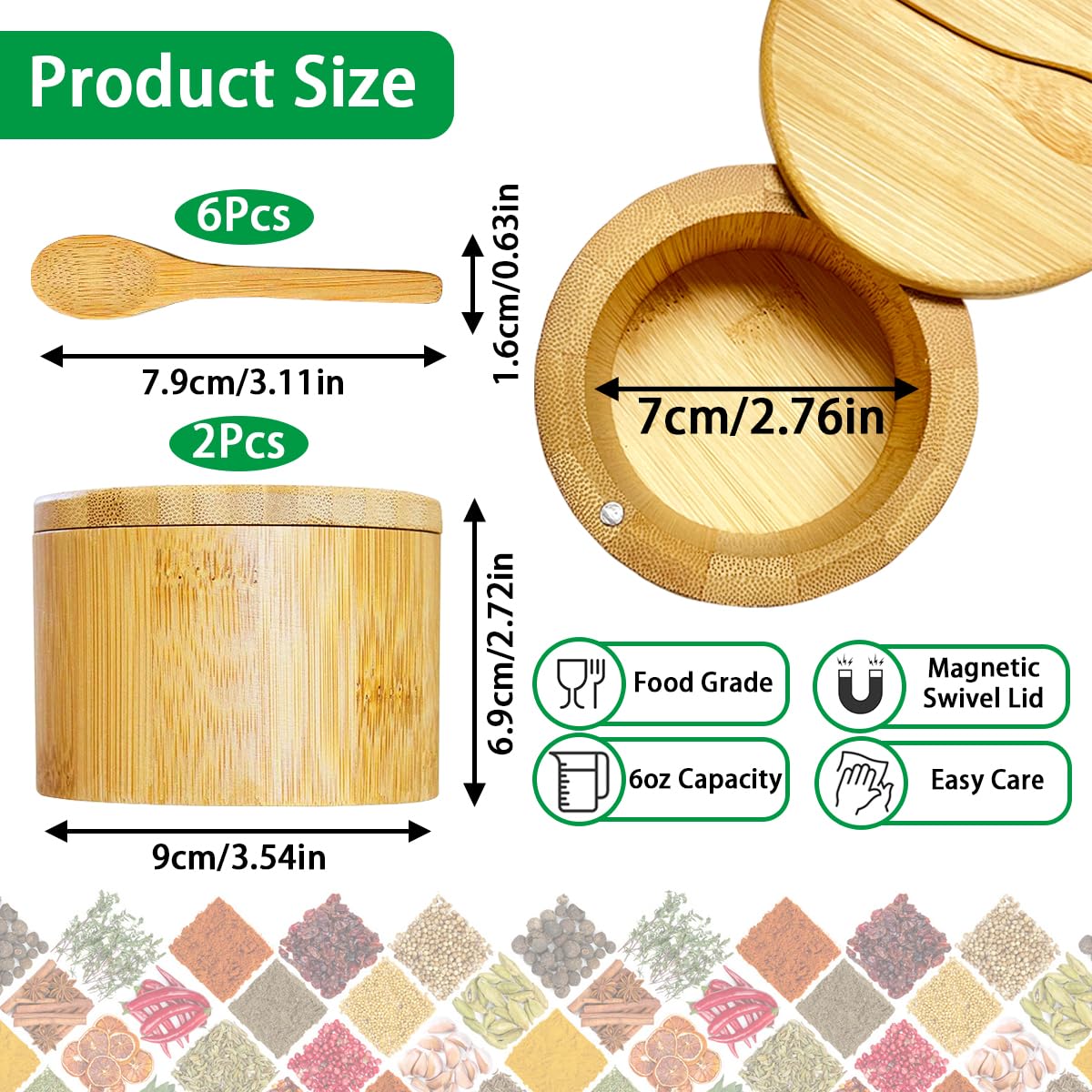 XingyLi 2Pcs Bamboo Salt Boxes, Round Salt and Spice Storage Box with Magnetic Swivel Lid and 6 Spoons - Image 2