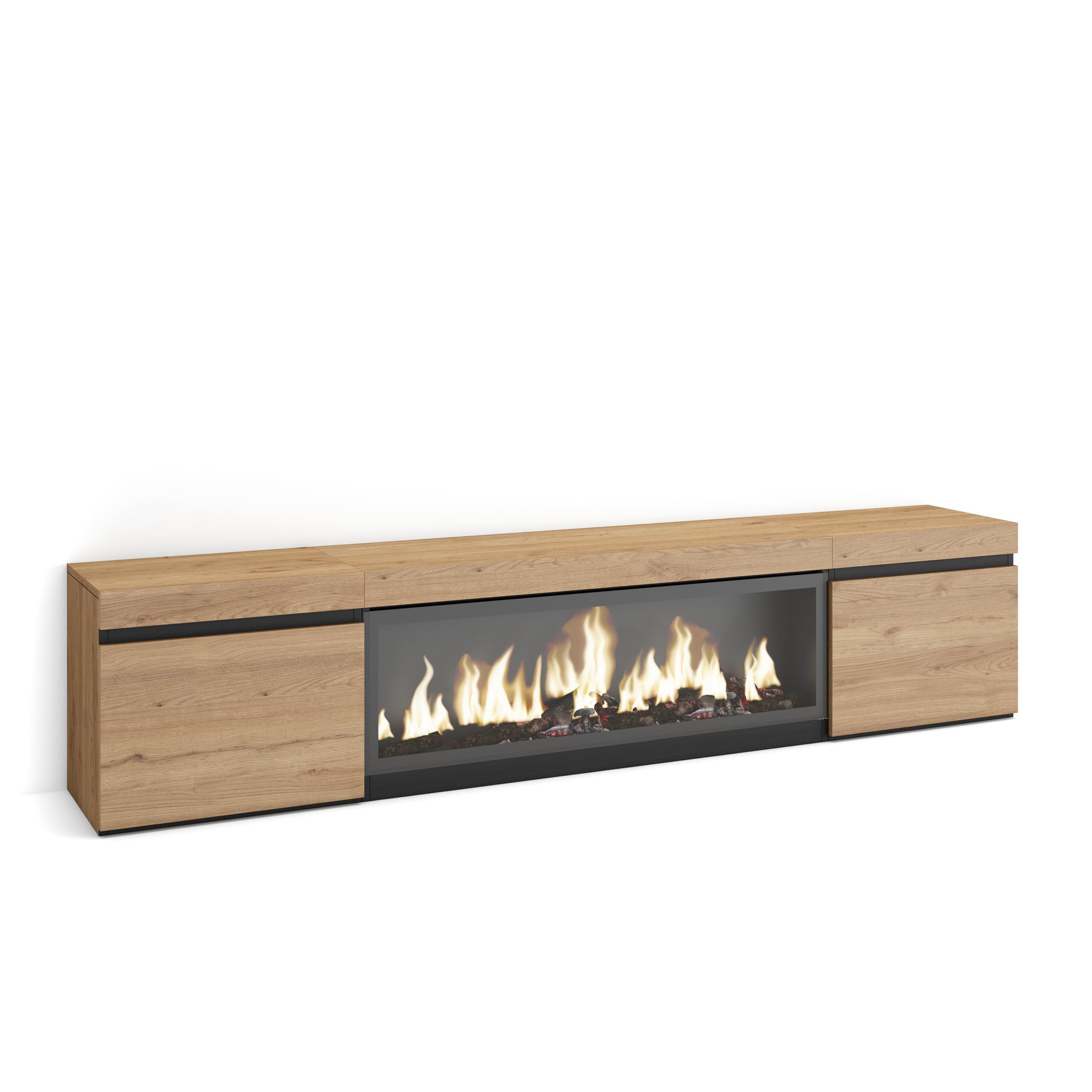 Skraut Home | Mobile TV Soggiorno | Ampio spazio a disposizione | 210 | Per TV fino a 80" | Camino elettrico XXL | Stile moderno | Rovere