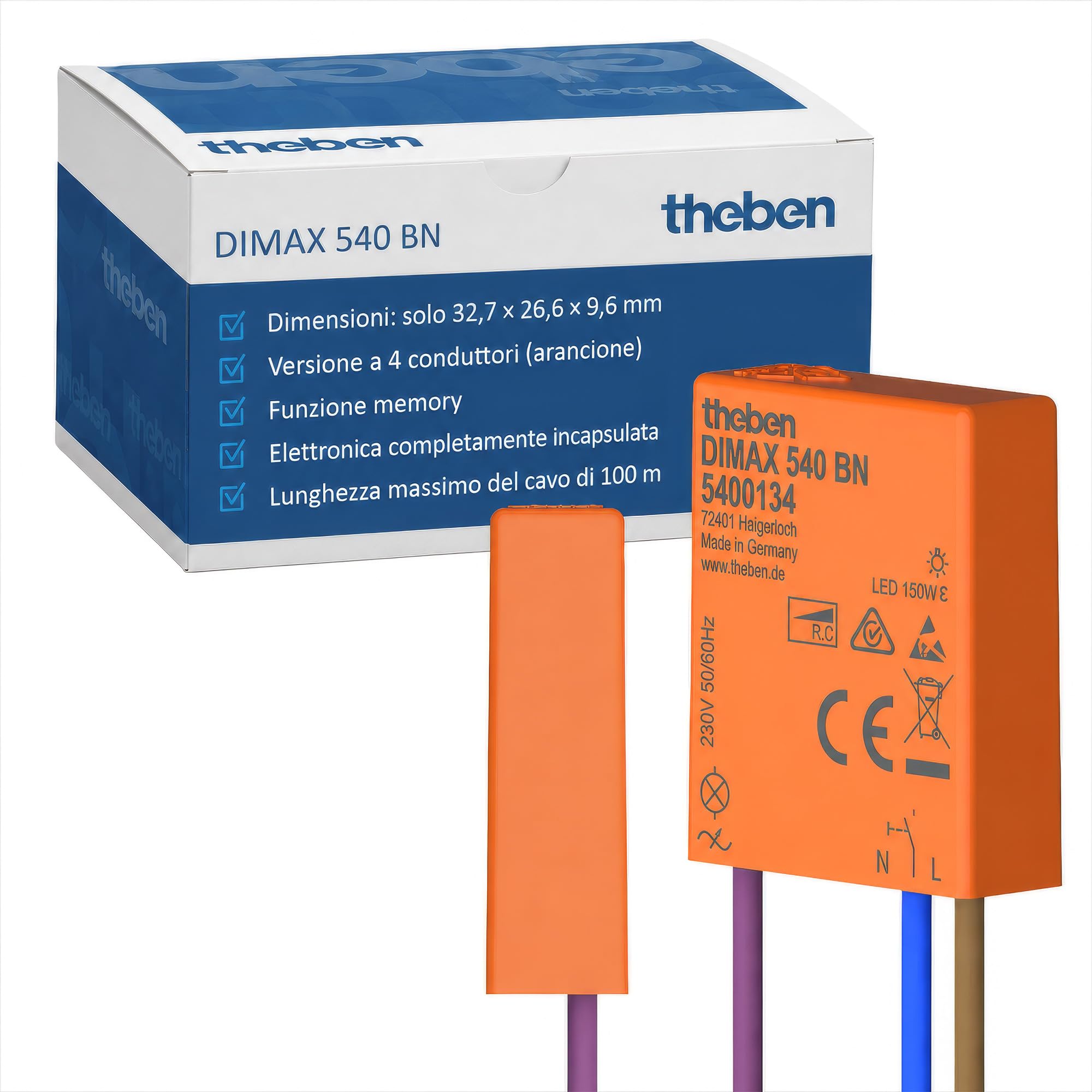 Theben 5400134 DIMAX 540 BN Mini dimmer universale da incasso | versione con 4 conduttori, 32,7 x 26,6 x 9,6 mm, lunghezza cavo fino a 100 m, funzione memoria