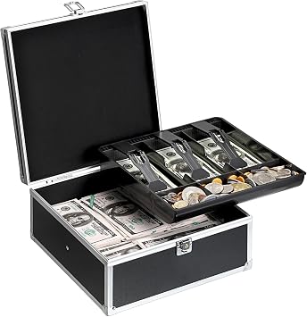Lockable Cash Box Money Storage Box with Lock and Handle Portable Money Cash Saving Organizer Aluminium Alloy Large Currency Holder with Removable Cash Tray, Black