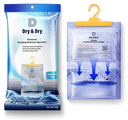 Dry & Dry 2 Pack [Net 14 Oz/Pack] Premium Hanging Moisture Absorbers to Control Excess Moisture for Basements, Closets, Bathrooms, Laundry Rooms. - Ultra Strong Moisture Absorbers