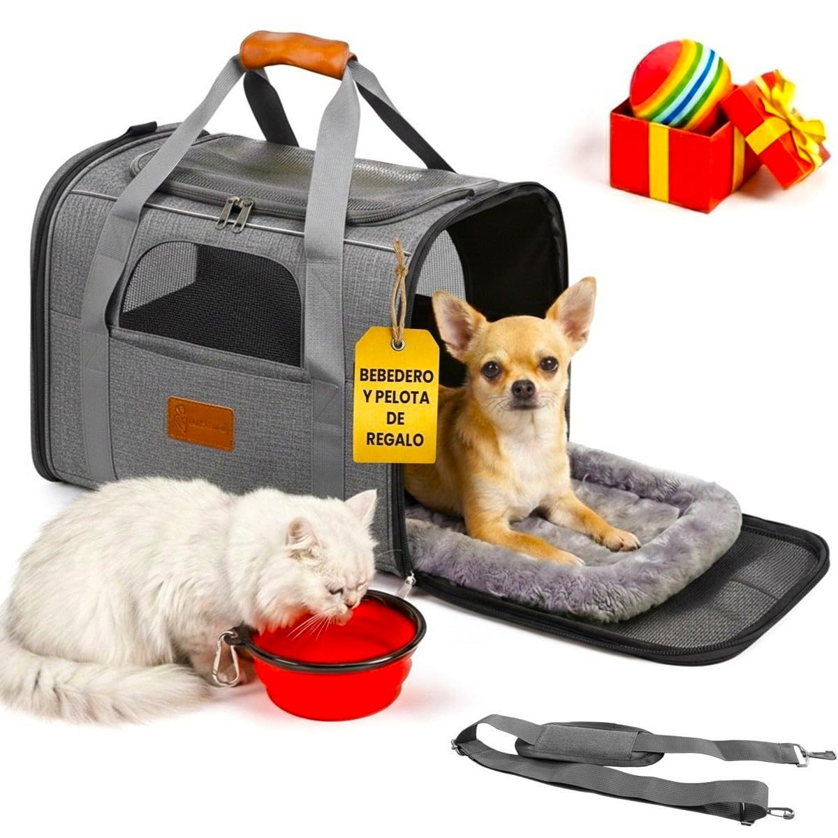 Transportin Perro Gato Plegable y Reforzado con Cama, Bebedero y Juguete de Regalo | Transporte de Gato Viaje Cómodo y Seguro | Bolsa de Transporte Portátil con Ventilación 360º