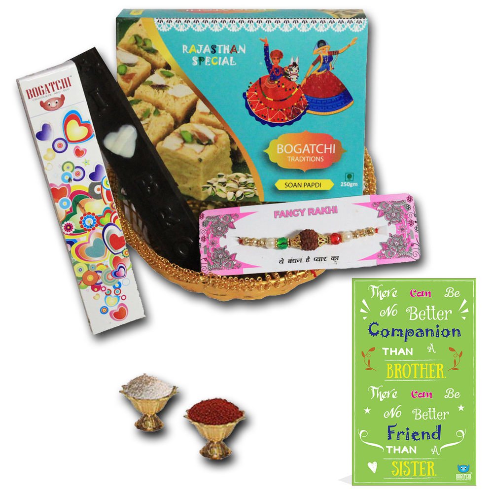 BOGATCHI Rakhi Gift Basket I Love Bro Chocolate bar+Blue Box of soan papdi,Free Rakhi, Free Rakhi Greeting Card + Free Roli Chawal-image-4