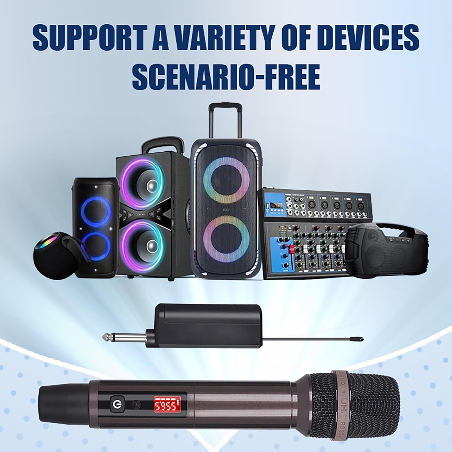 Yamnweo K-9 Wireless Microphone System connected to various audio devices