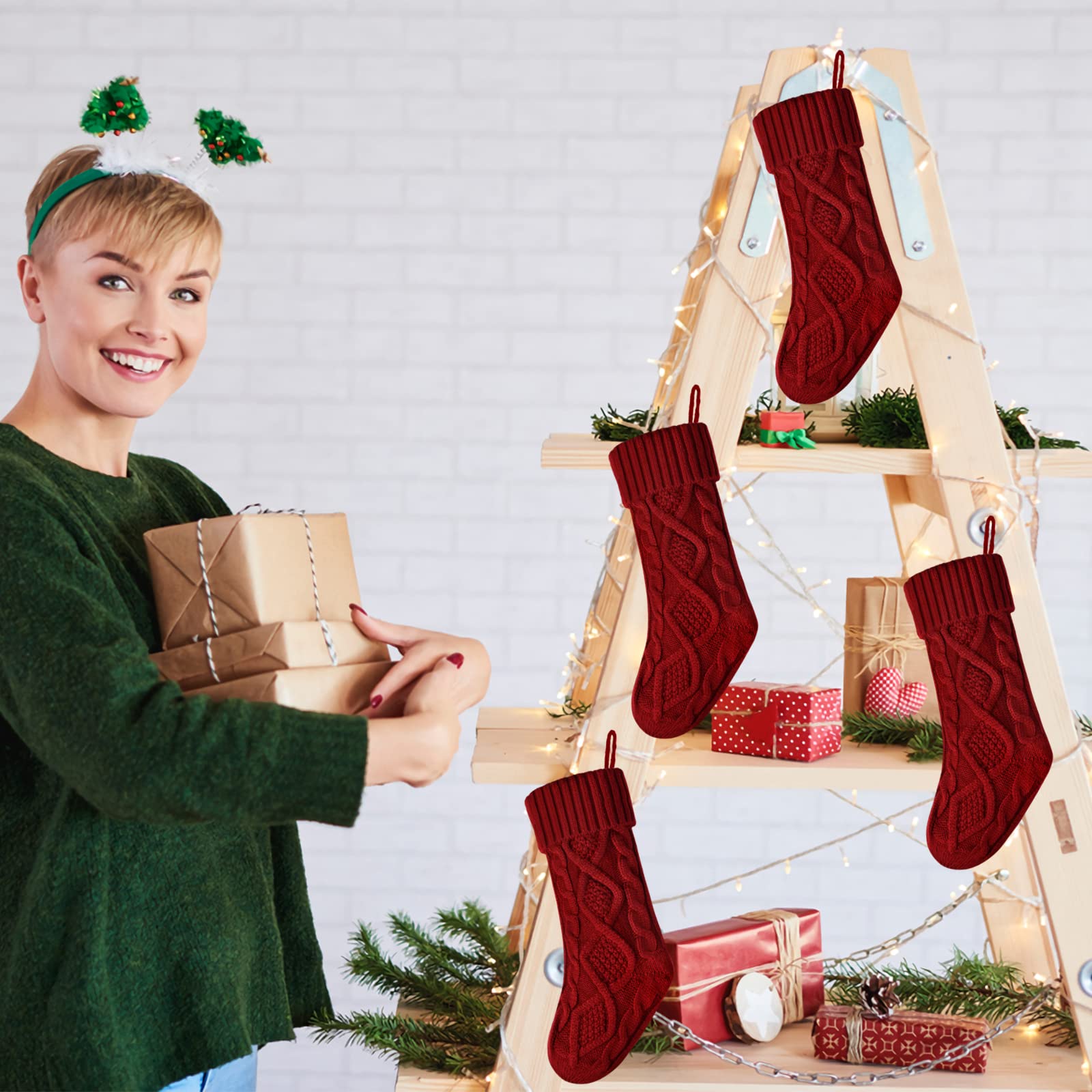 Kunyida 14-Pack Christmas Stockings – Burgundy & Ivory Knit Stockings, Set Of 14 (Style 2)