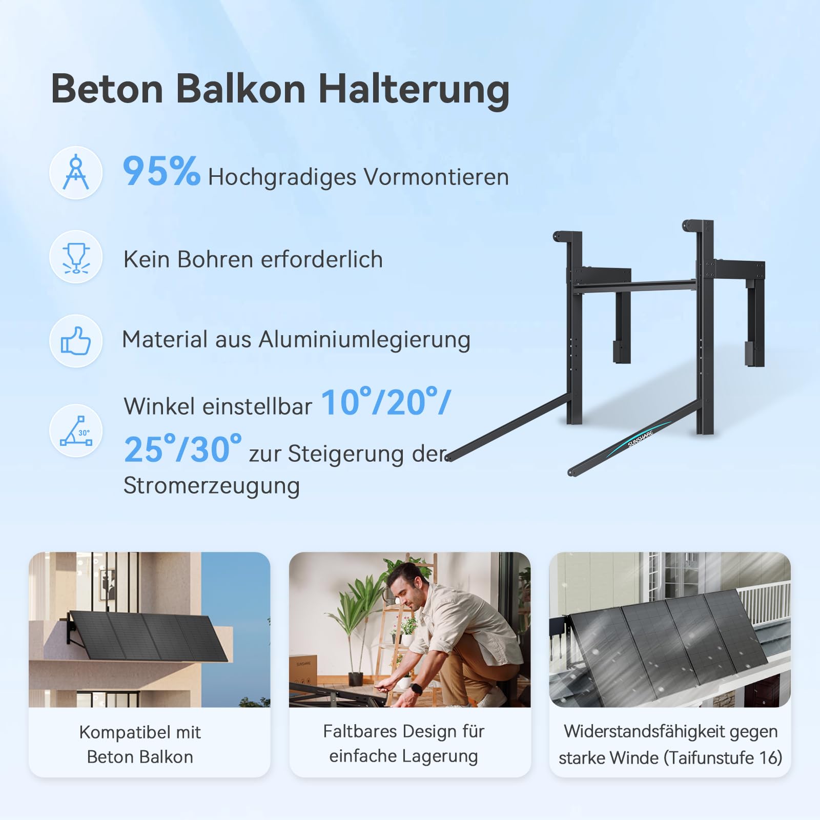 Ray 400W Balkonkraftwerk mit Beton-Balkonhalterung - Balkonkraftwerk 800W komplett Steckdose - neuester 800 Watt Wechselrichter - Solaranlage Komplettset - 5m Kabel