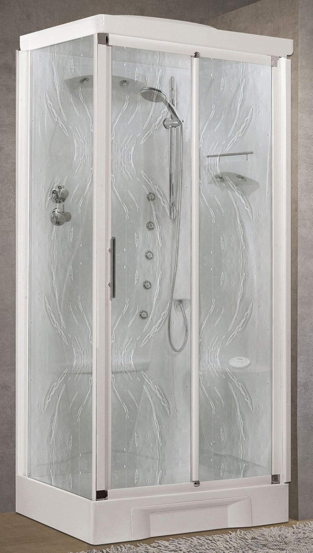 Novellini New Holiday 2P+F Hammam 100 x 70 cm Cabina de ducha multifunción apertura deslizante asiento derecho mezclador mecánico cristal Aqua perfil blanco hidromasaje sauna estéreo altura 225,5 cm